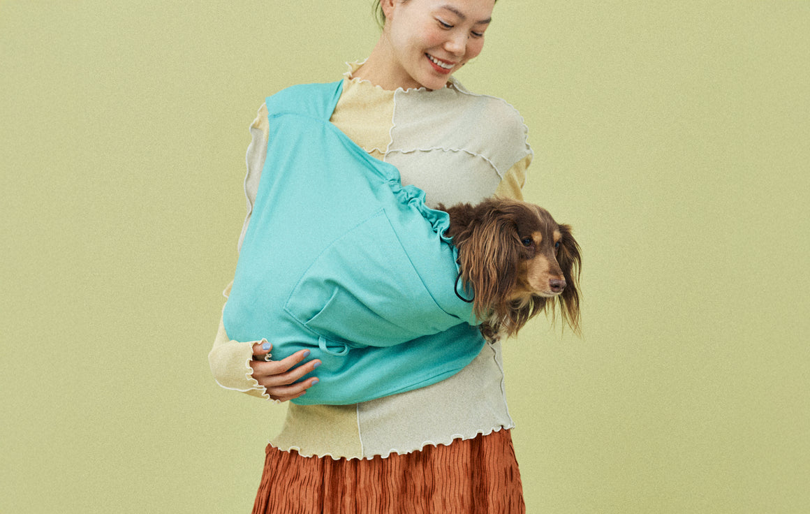 ダックスフンドなど胴長犬種を犬用抱っこ紐に入れる時は、伏せの姿勢にします。