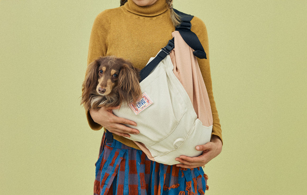 ダックスフンドなど胴長犬種をマルチ・ドッグスリングに入れる時は、背中が地面と水平の姿勢になるようにします。